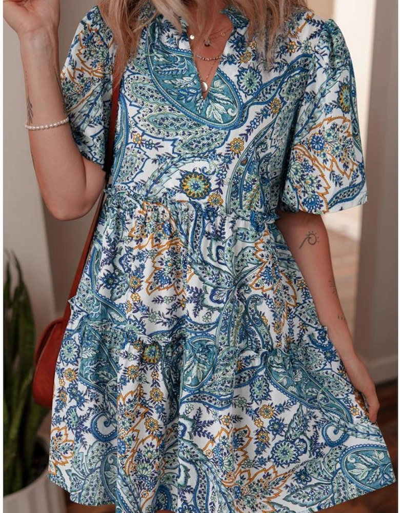 Blue Bohemian Paisley Floral V Neck Short Sleeve Mini Dress