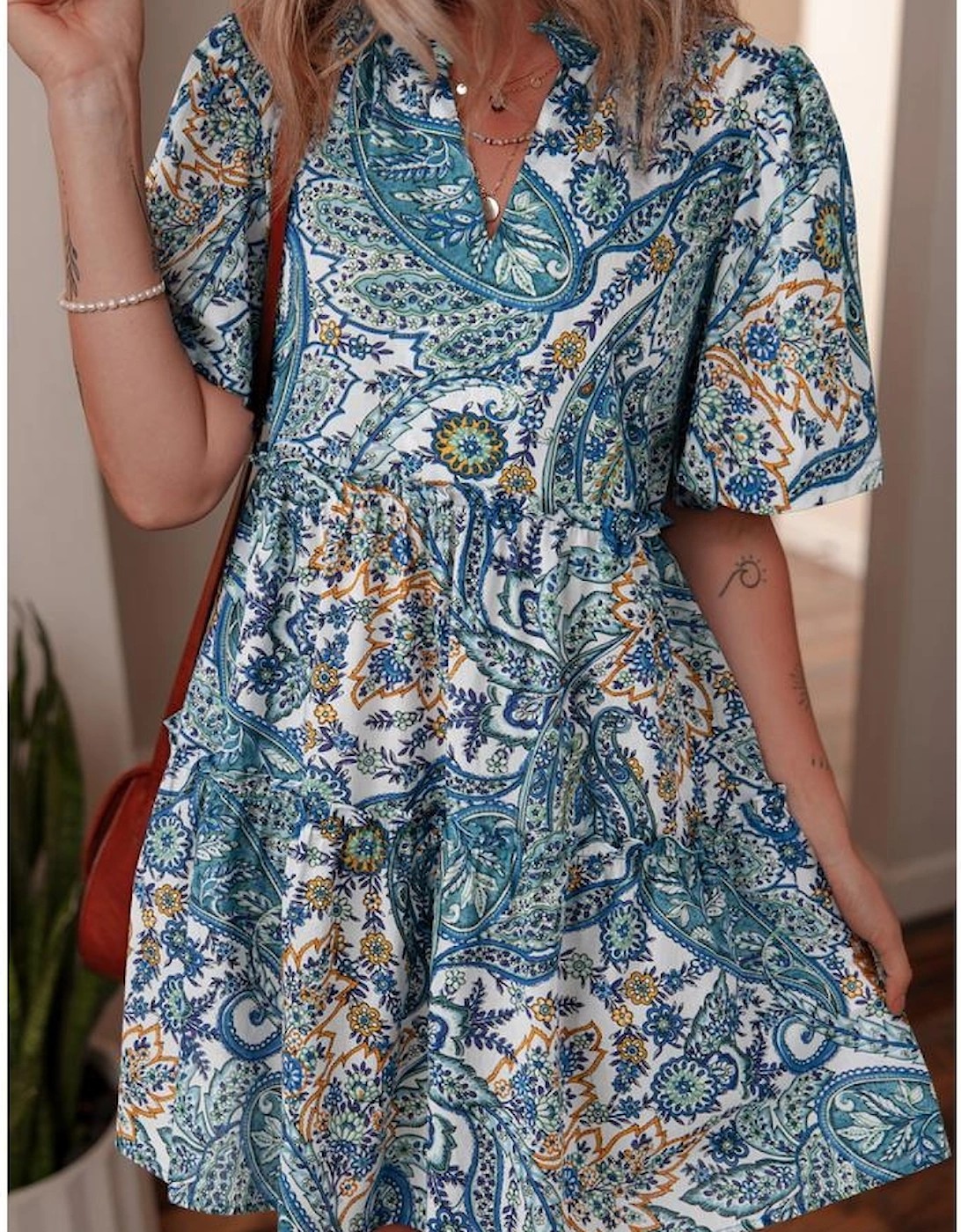 Blue Bohemian Paisley Floral V Neck Short Sleeve Mini Dress