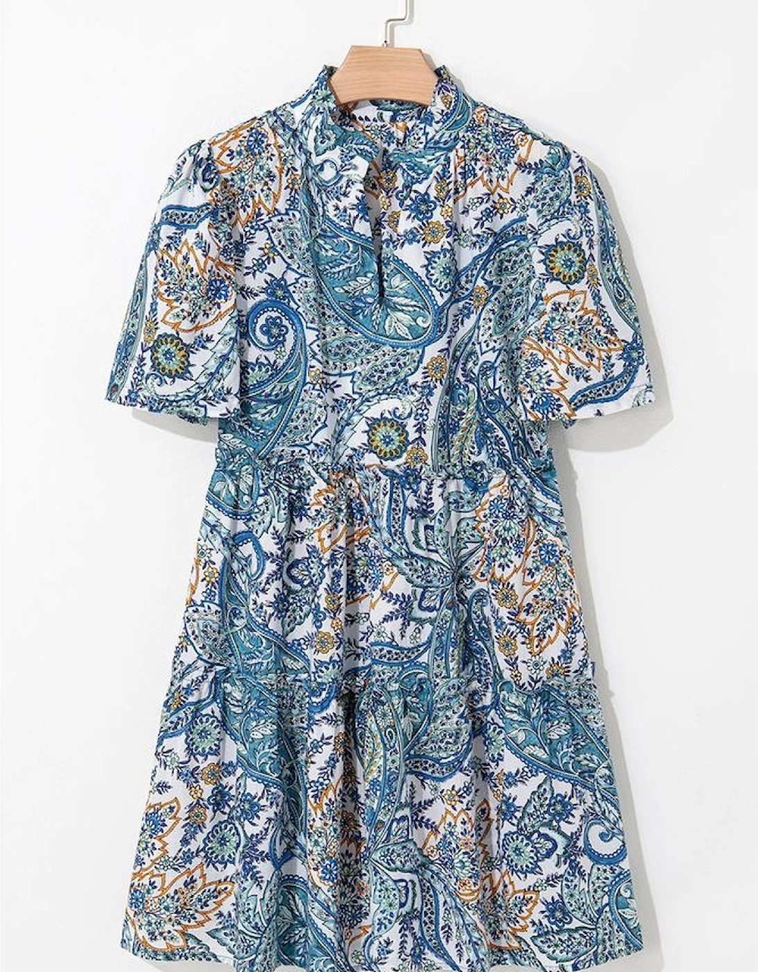 Blue Bohemian Paisley Floral V Neck Short Sleeve Mini Dress