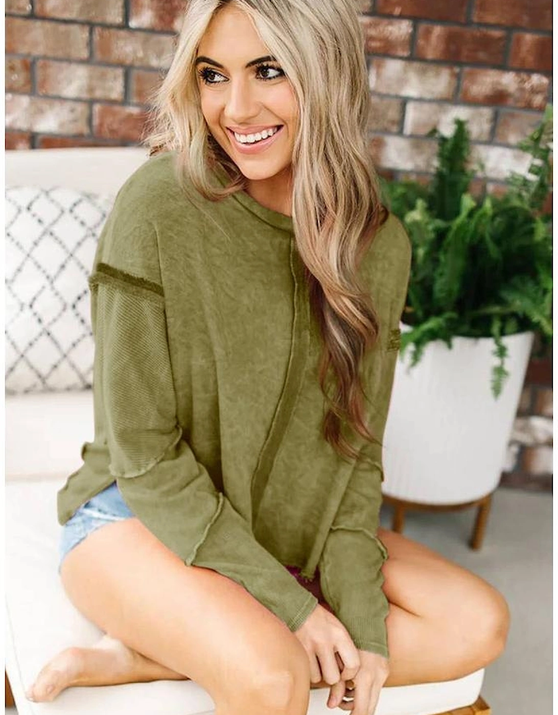 Azura Exchange Green High Low Raw Edge Sweatshirt, 5 of 4