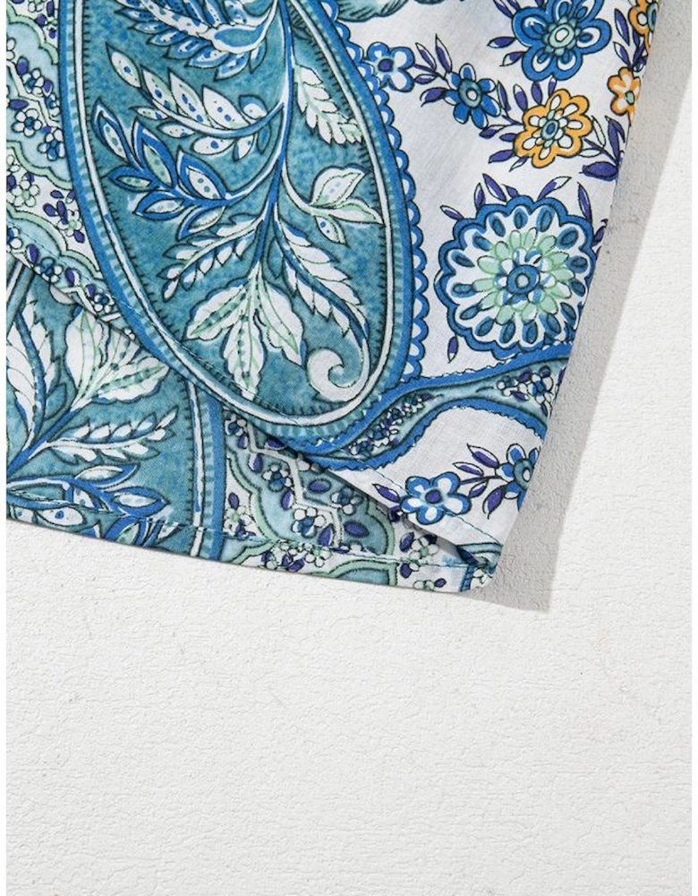 Blue Bohemian Paisley Floral V Neck Short Sleeve Mini Dress