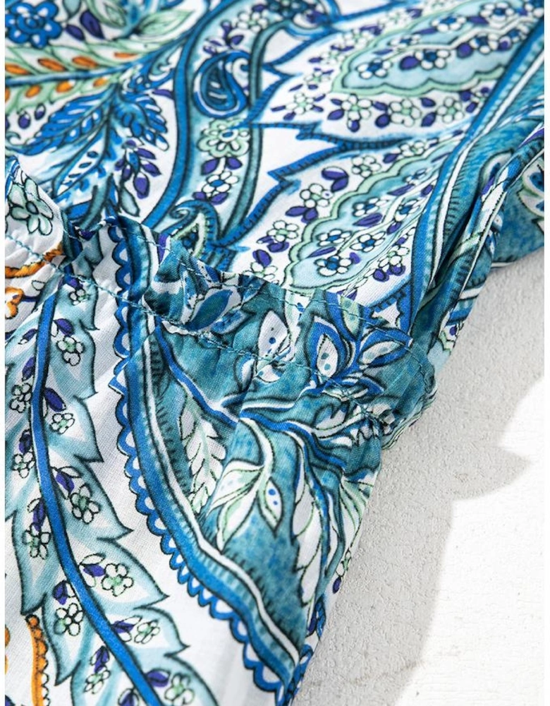 Blue Bohemian Paisley Floral V Neck Short Sleeve Mini Dress