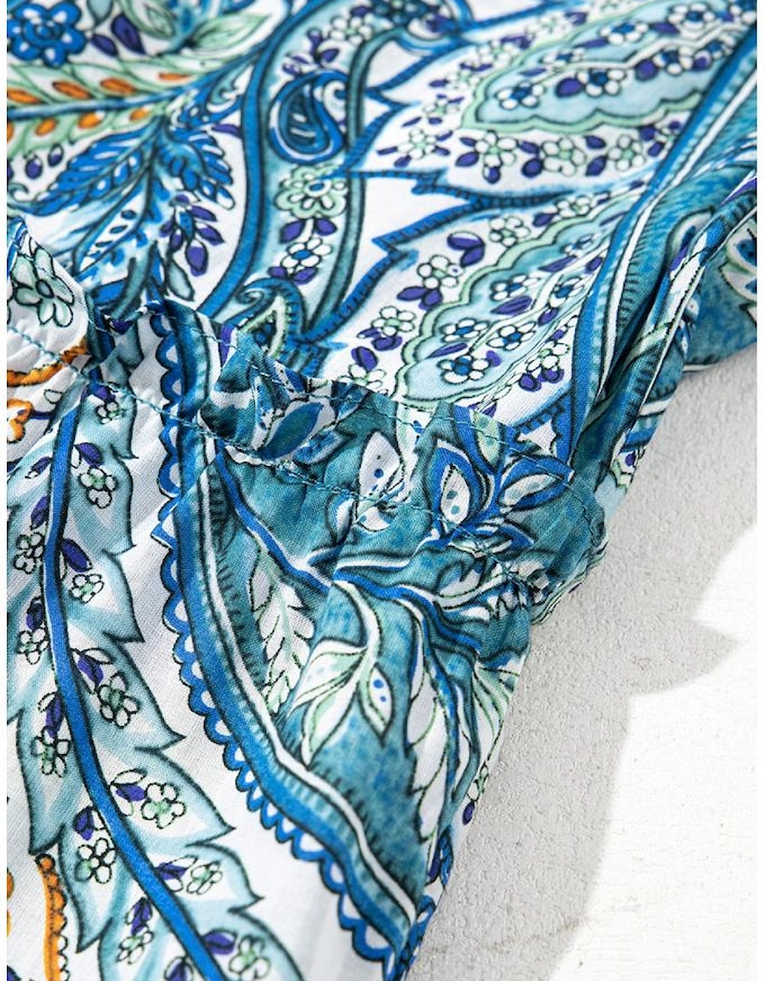 Blue Bohemian Paisley Floral V Neck Short Sleeve Mini Dress