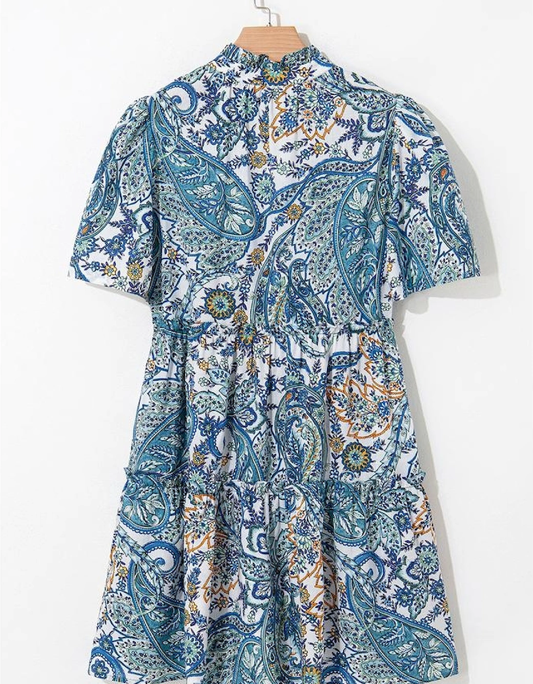 Blue Bohemian Paisley Floral V Neck Short Sleeve Mini Dress