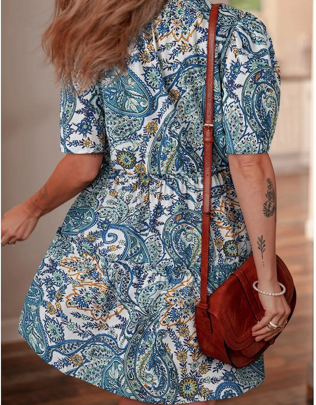 Blue Bohemian Paisley Floral V Neck Short Sleeve Mini Dress, 10 of 9