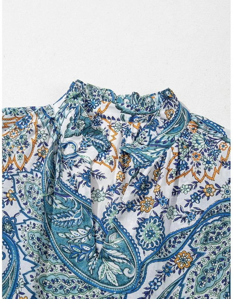 Blue Bohemian Paisley Floral V Neck Short Sleeve Mini Dress