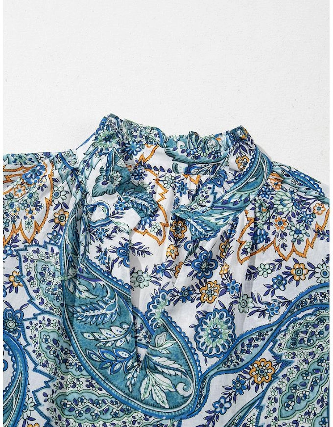 Blue Bohemian Paisley Floral V Neck Short Sleeve Mini Dress