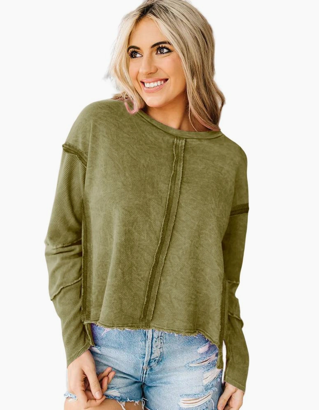 Azura Exchange Green High Low Raw Edge Sweatshirt
