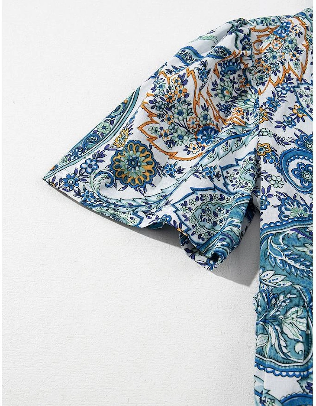 Blue Bohemian Paisley Floral V Neck Short Sleeve Mini Dress