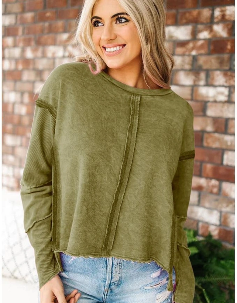 Azura Exchange Green High Low Raw Edge Sweatshirt