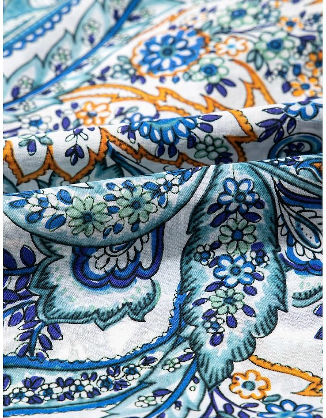 Blue Bohemian Paisley Floral V Neck Short Sleeve Mini Dress