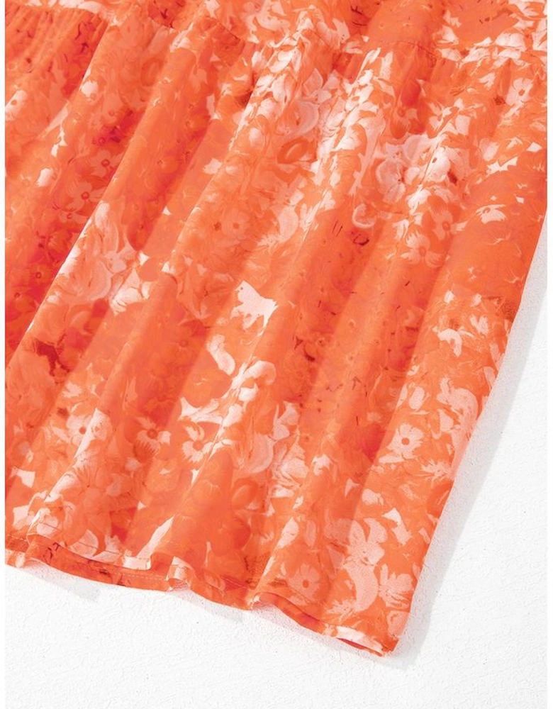 Orange Boho Floral Bishop Sleeve V Neck Tiered Maxi Dress