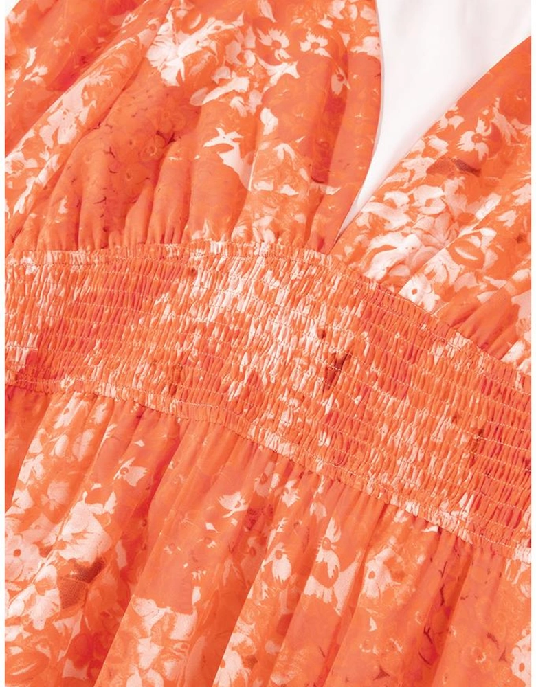 Orange Boho Floral Bishop Sleeve V Neck Tiered Maxi Dress