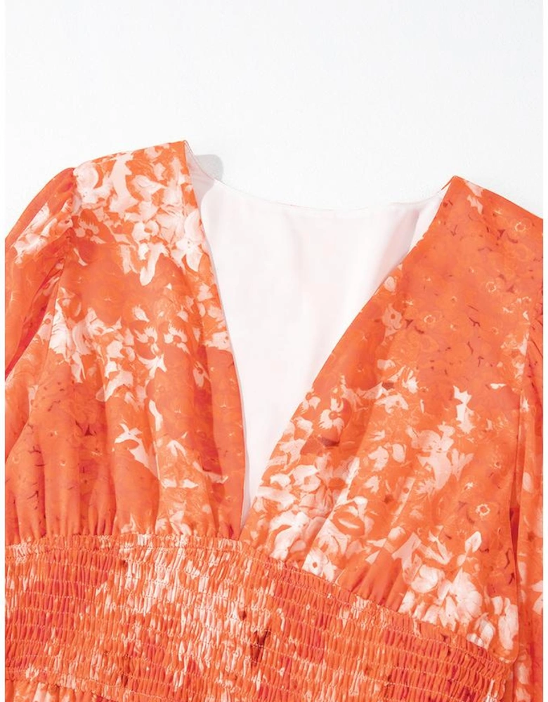 Orange Boho Floral Bishop Sleeve V Neck Tiered Maxi Dress