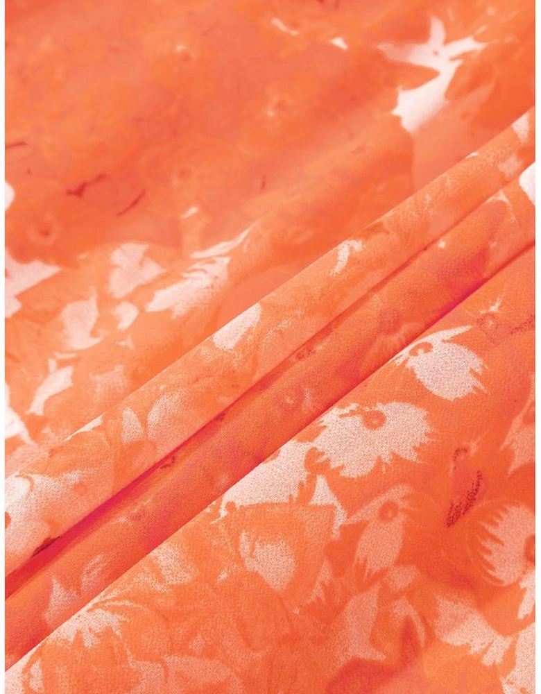 Orange Boho Floral Bishop Sleeve V Neck Tiered Maxi Dress