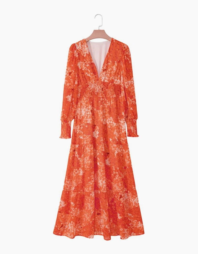 Orange Boho Floral Bishop Sleeve V Neck Tiered Maxi Dress