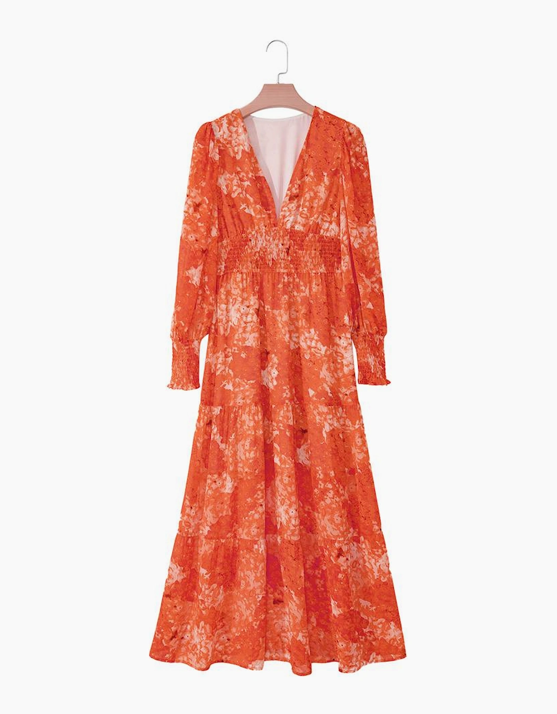 Orange Boho Floral Bishop Sleeve V Neck Tiered Maxi Dress