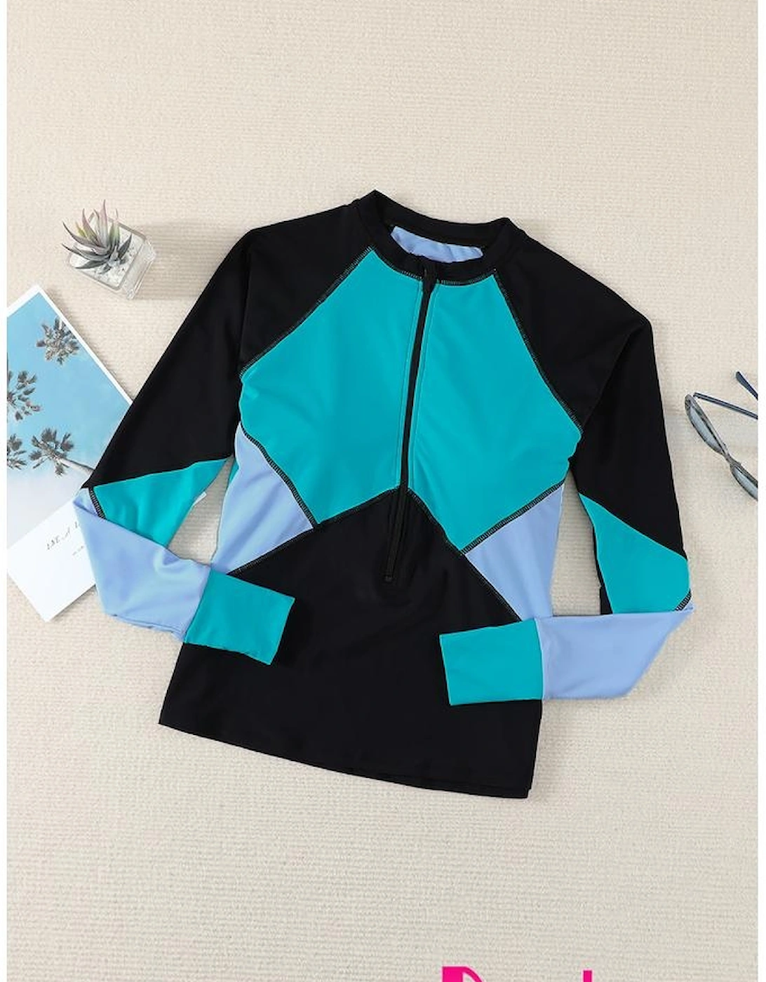 Azura Exchange Color Block Zip Up Rashguard Top
