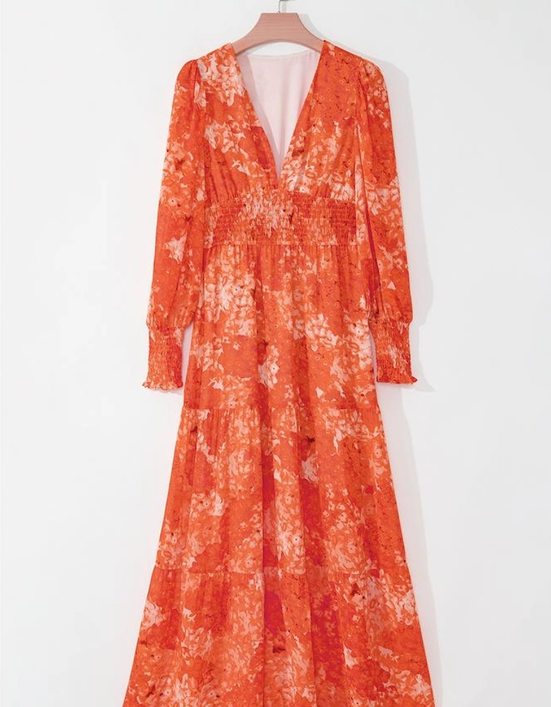 Orange Boho Floral Bishop Sleeve V Neck Tiered Maxi Dress