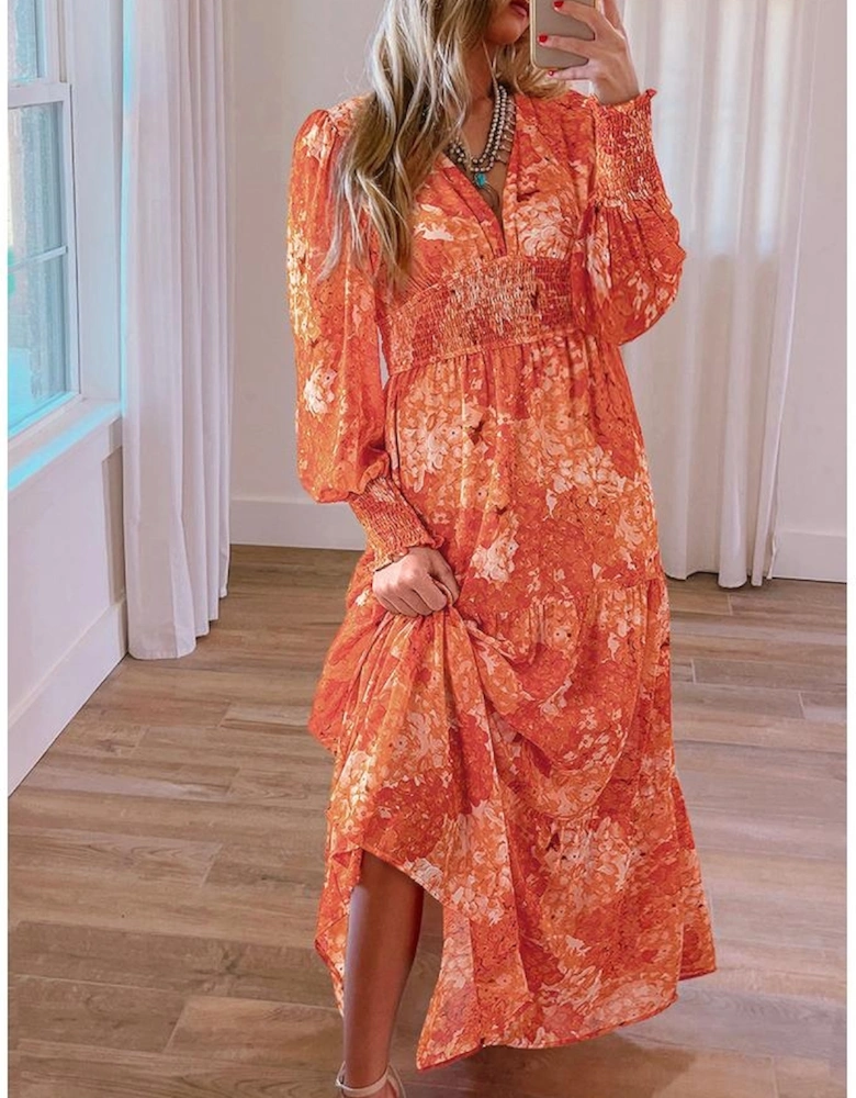 Orange Boho Floral Bishop Sleeve V Neck Tiered Maxi Dress