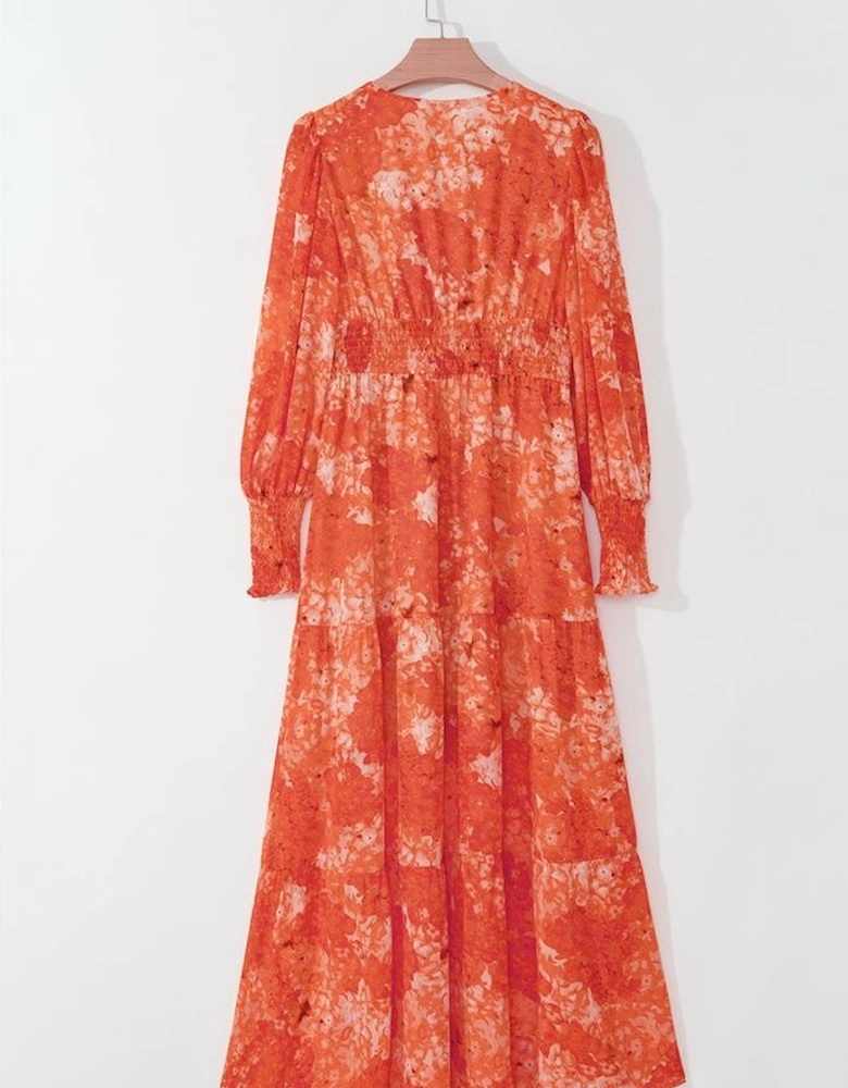 Orange Boho Floral Bishop Sleeve V Neck Tiered Maxi Dress