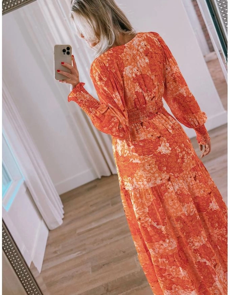 Orange Boho Floral Bishop Sleeve V Neck Tiered Maxi Dress