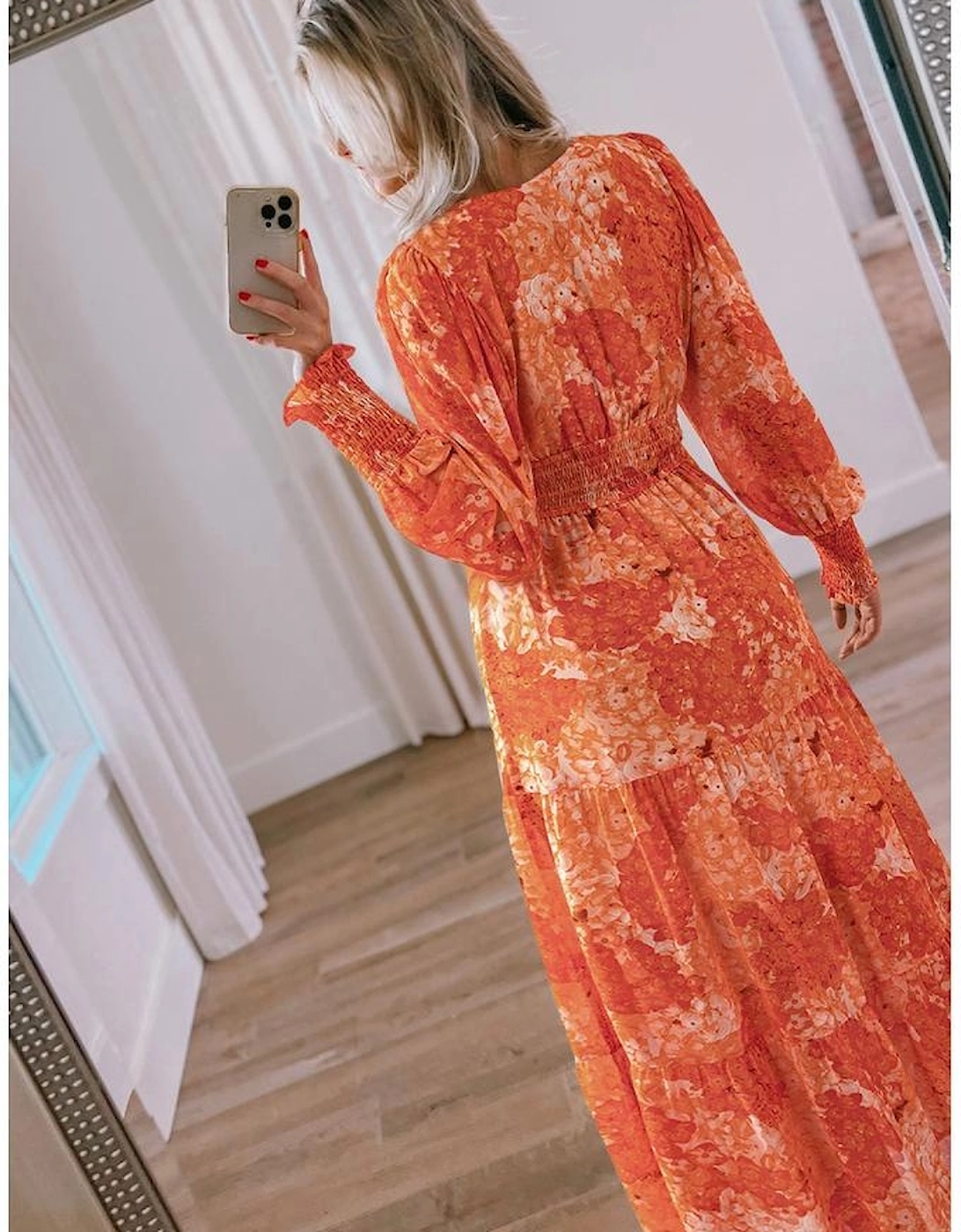 Orange Boho Floral Bishop Sleeve V Neck Tiered Maxi Dress