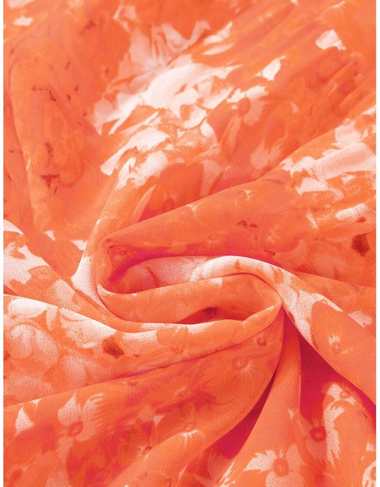 Orange Boho Floral Bishop Sleeve V Neck Tiered Maxi Dress