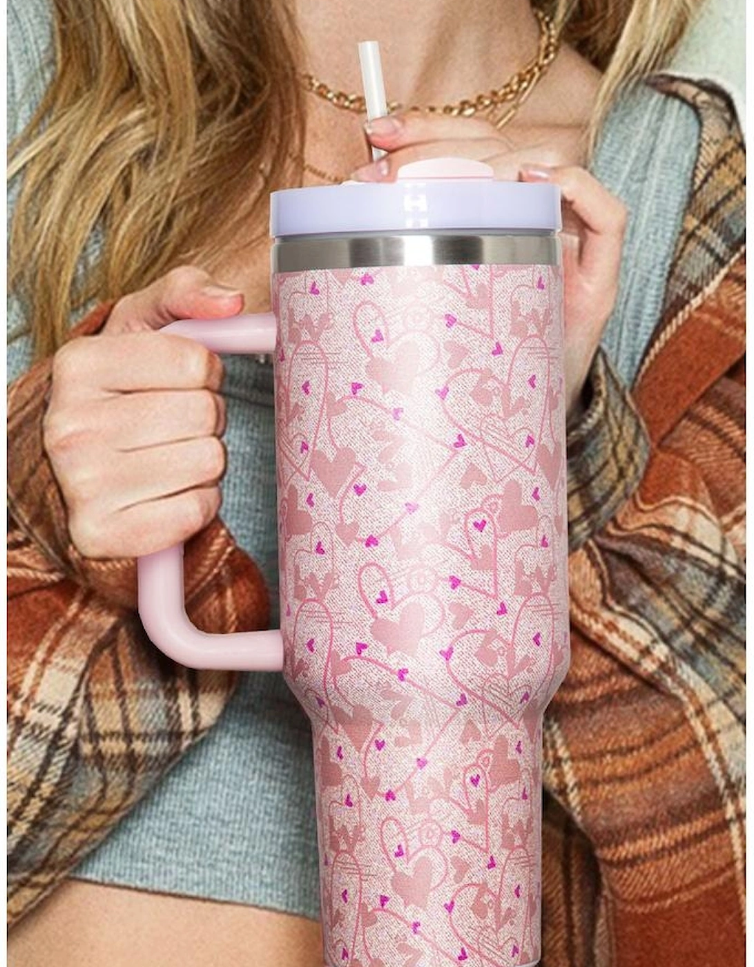 Azura Exchange Apricot Pink Valentine Heart Shaped Print Stainless Steel Vacuum Cup