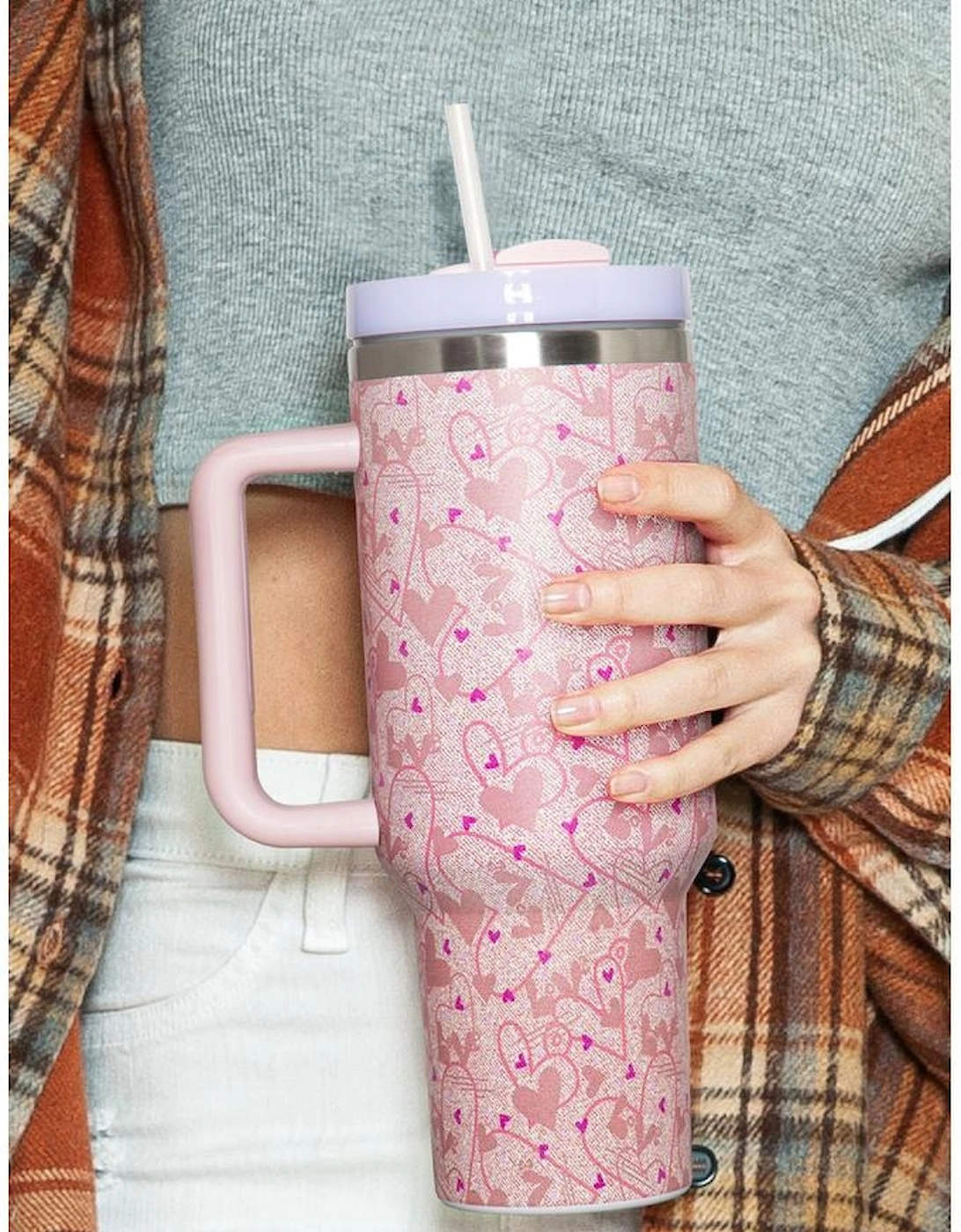 Azura Exchange Apricot Pink Valentine Heart Shaped Print Stainless Steel Vacuum Cup