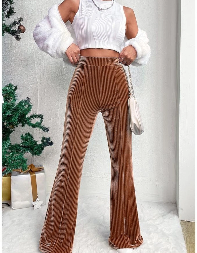 Chestnut Solid Color High Waist Flare Corduroy Pants