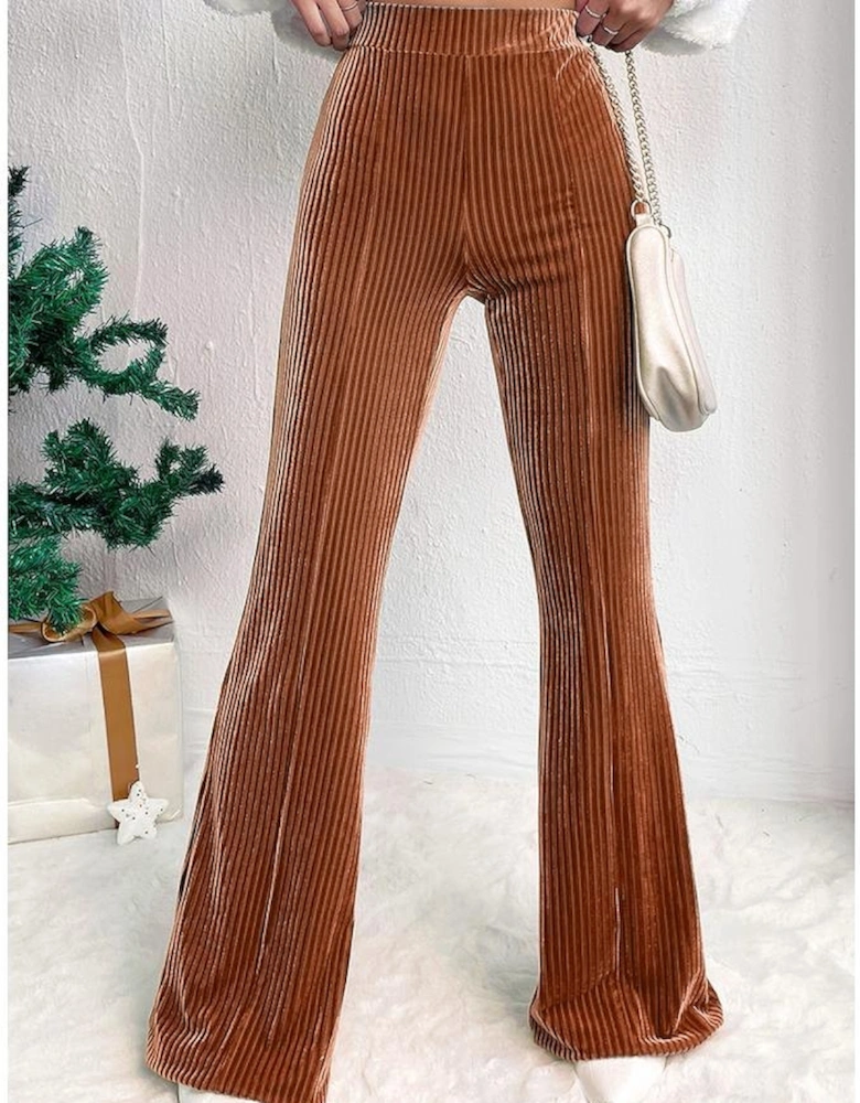 Chestnut Solid Color High Waist Flare Corduroy Pants