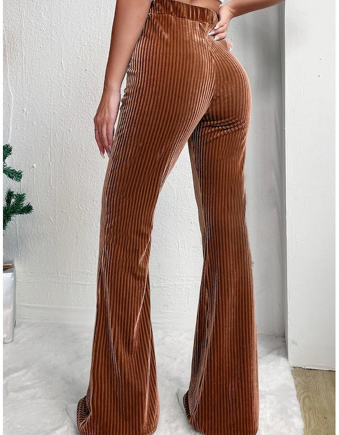 Chestnut Solid Color High Waist Flare Corduroy Pants