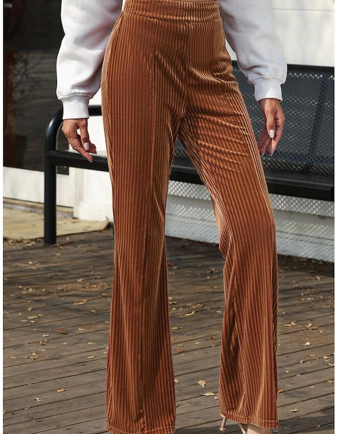 Chestnut Solid Color High Waist Flare Corduroy Pants
