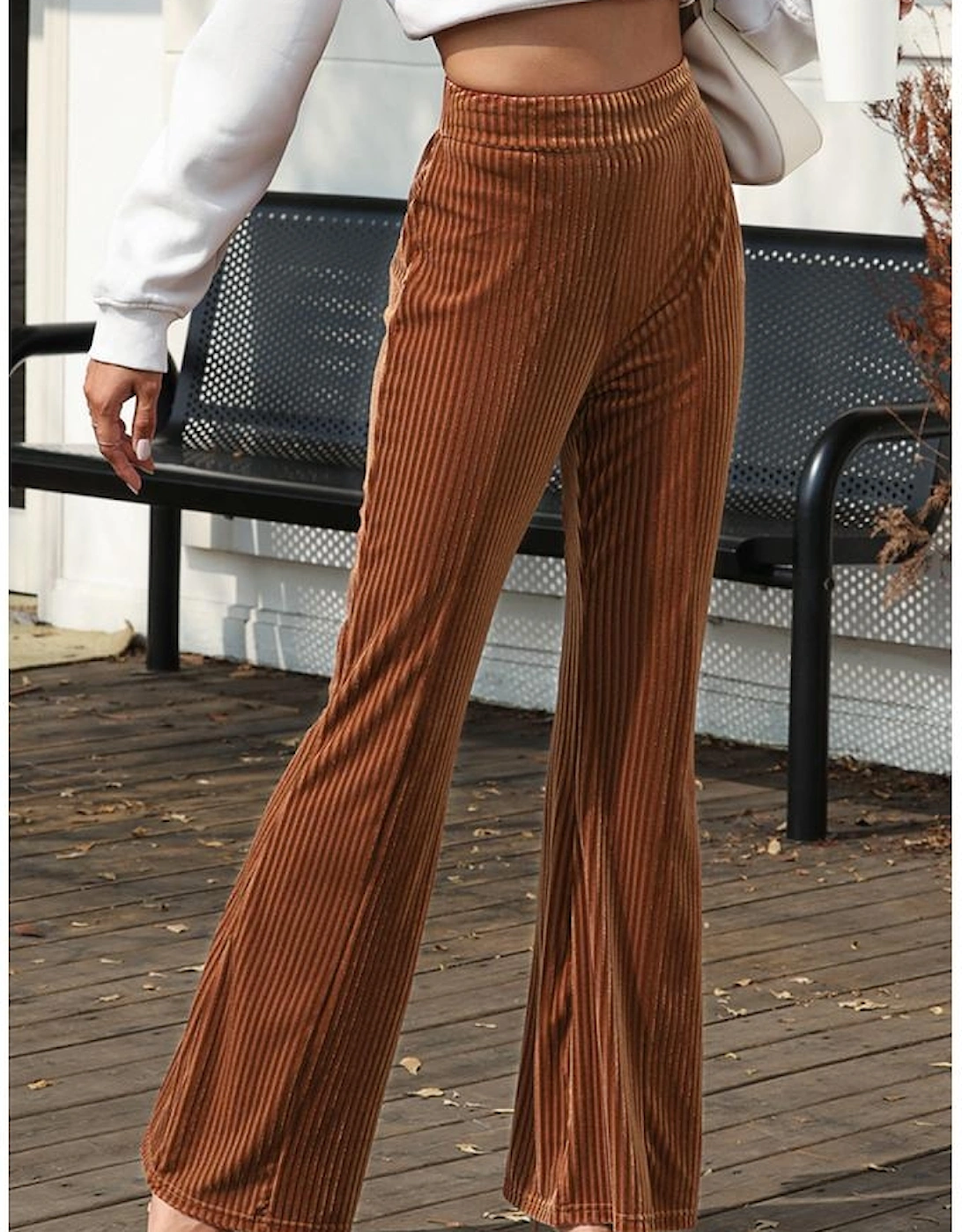 Chestnut Solid Color High Waist Flare Corduroy Pants