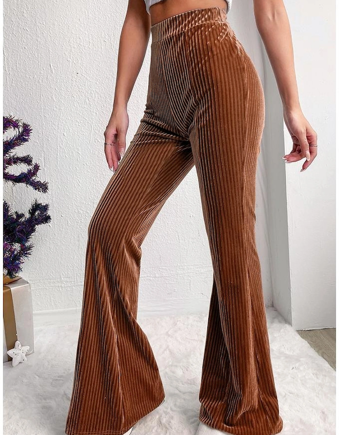 Chestnut Solid Color High Waist Flare Corduroy Pants