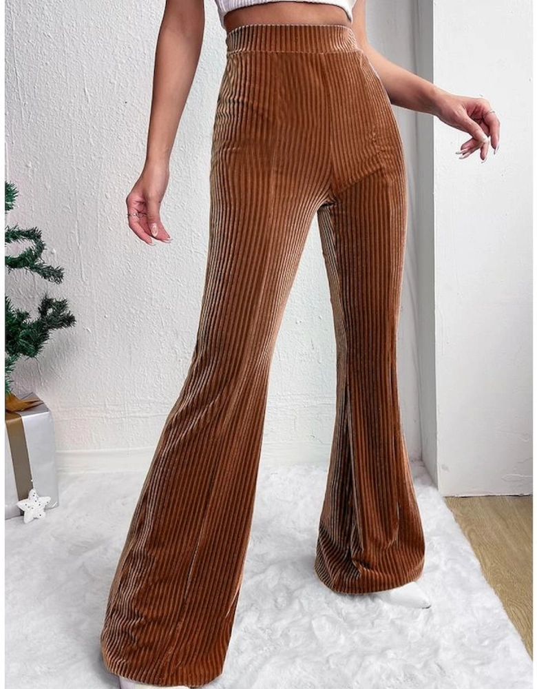 Chestnut Solid Color High Waist Flare Corduroy Pants