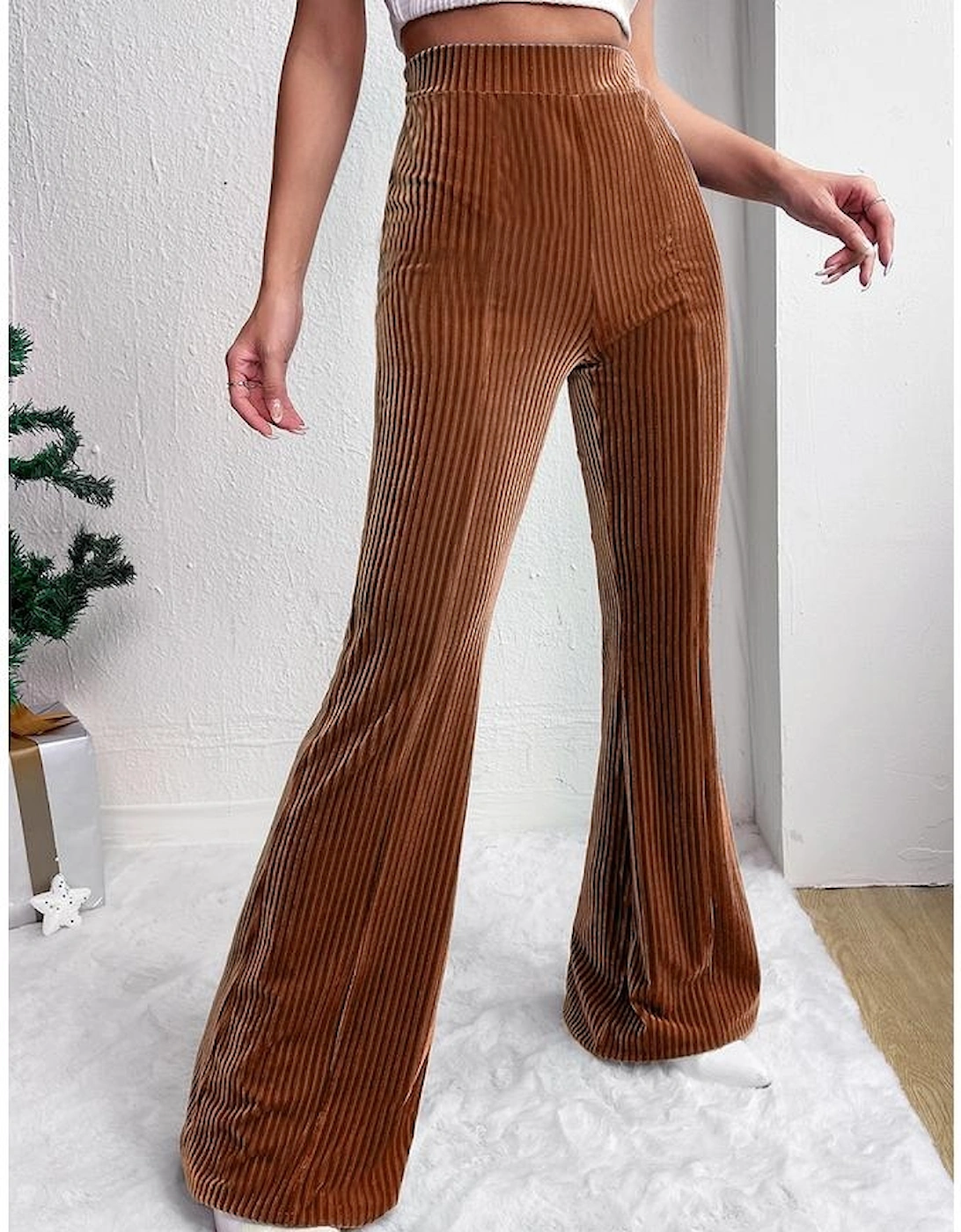 Chestnut Solid Color High Waist Flare Corduroy Pants