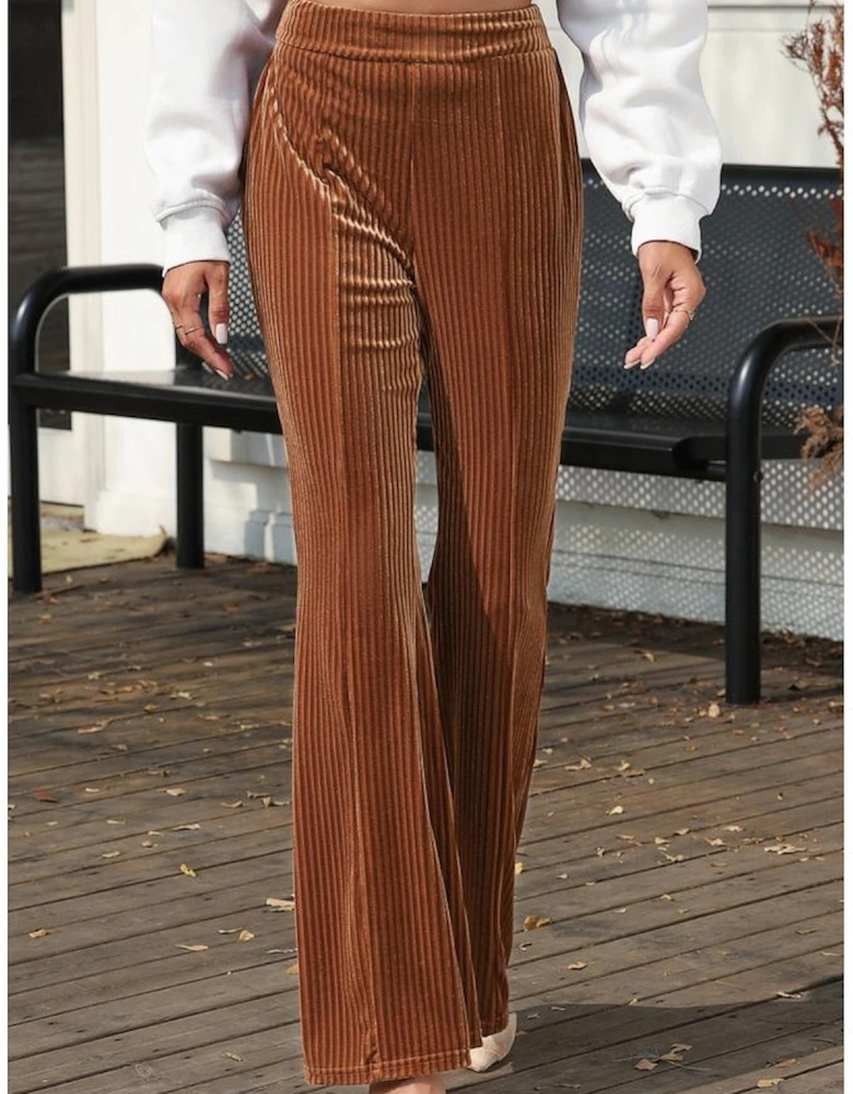Chestnut Solid Color High Waist Flare Corduroy Pants