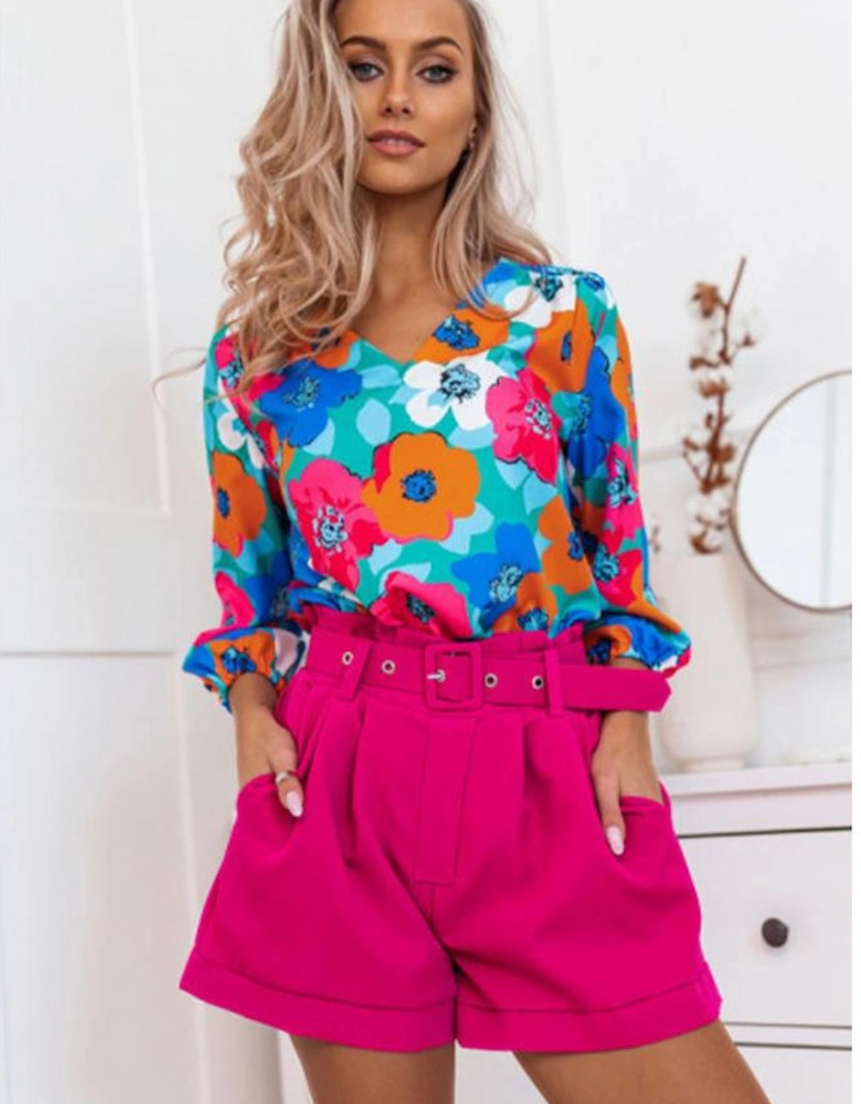 Multicolor Floral Print V Neck 3/4 Sleeve Blouse