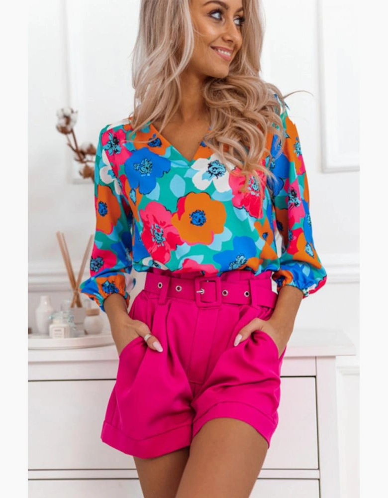 Multicolor Floral Print V Neck 3/4 Sleeve Blouse