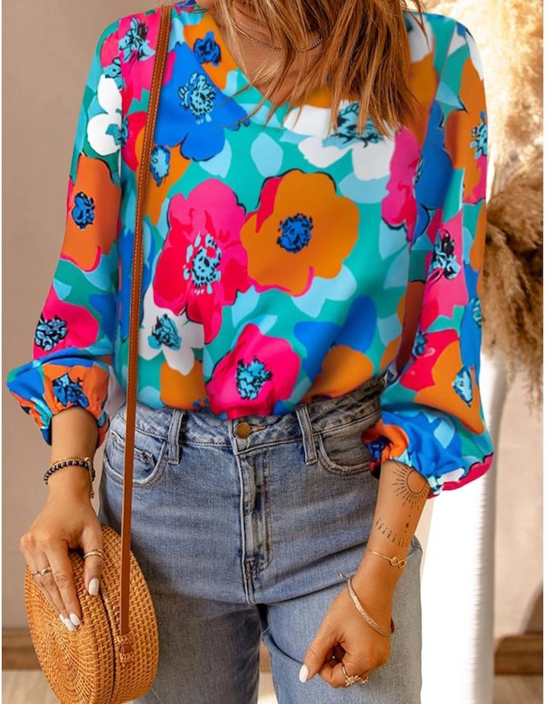Multicolor Floral Print V Neck 3/4 Sleeve Blouse