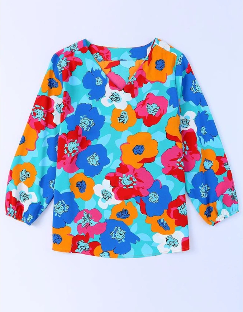 Multicolor Floral Print V Neck 3/4 Sleeve Blouse
