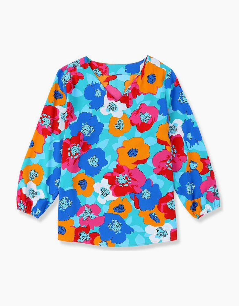 Multicolor Floral Print V Neck 3/4 Sleeve Blouse