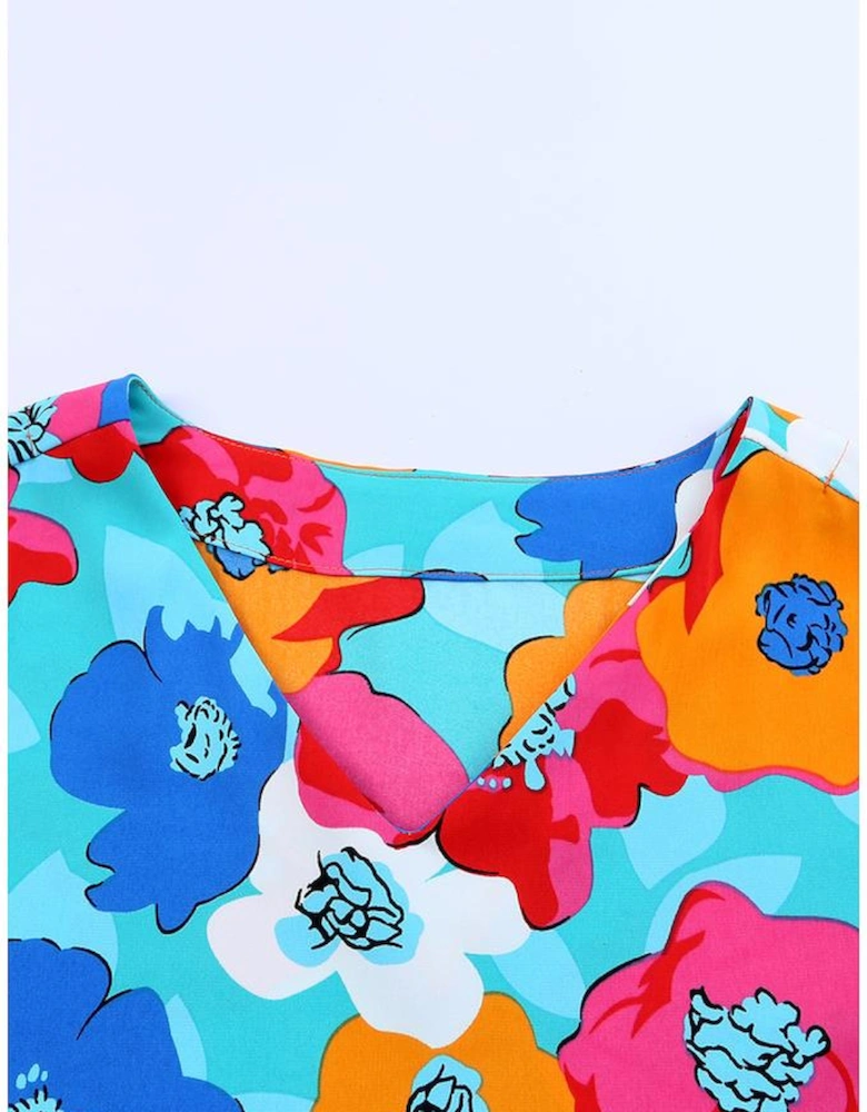 Multicolor Floral Print V Neck 3/4 Sleeve Blouse