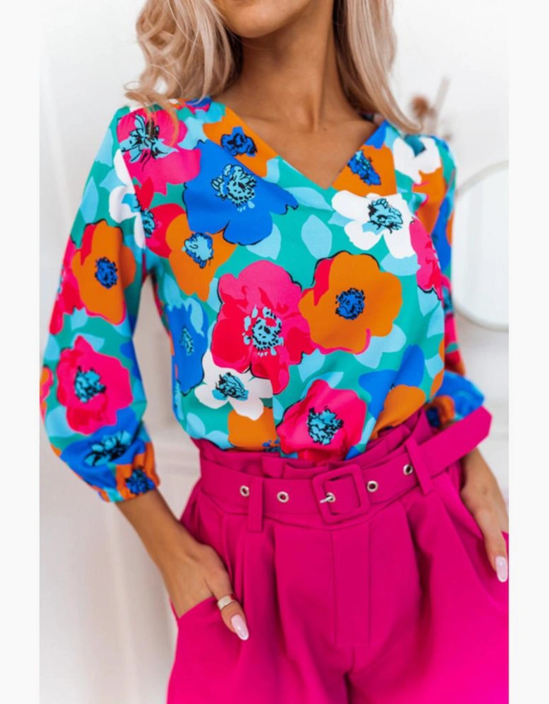 Multicolor Floral Print V Neck 3/4 Sleeve Blouse