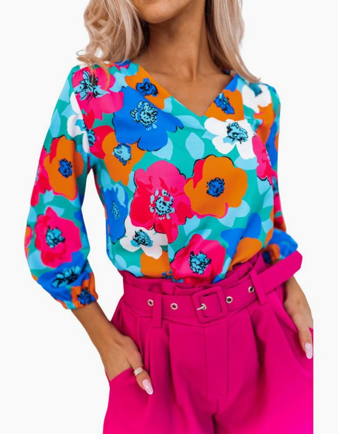 Multicolor Floral Print V Neck 3/4 Sleeve Blouse