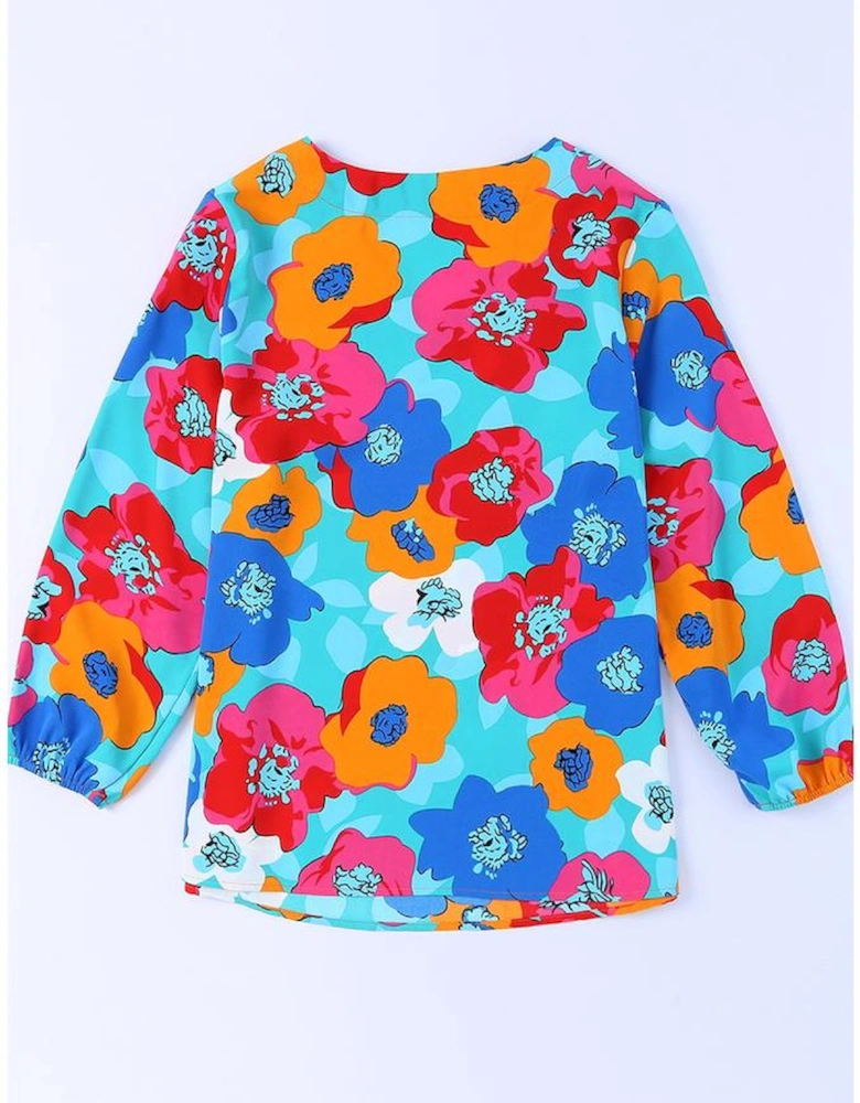 Multicolor Floral Print V Neck 3/4 Sleeve Blouse