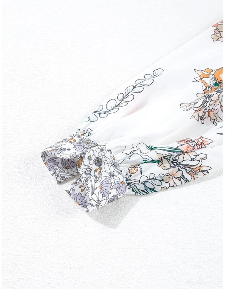 Purple Boho Floral Bishop Sleeve Button Up Loose Shirt