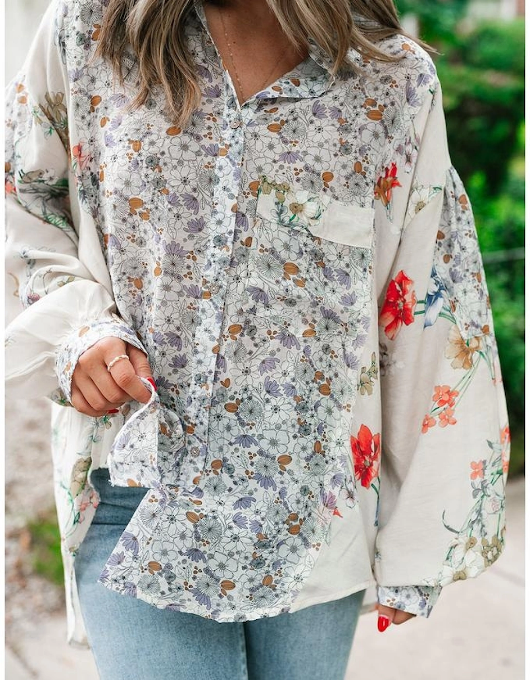 Purple Boho Floral Bishop Sleeve Button Up Loose Shirt